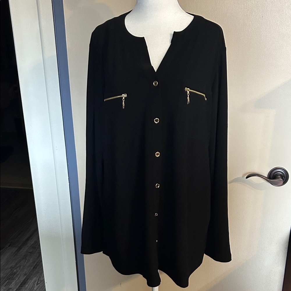 Susan Graver Black Button-Down Shirt with Gold Accents